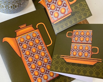 Art Cards, Hornsea Bronte Coffee Set of 3 Cards, Mid Century Coffee Pot, Hornsea Jug, Hornsea Cups and Saucers, Vintage Hornsea, Vintage Jug