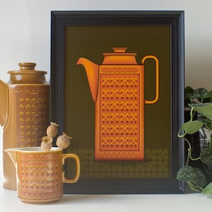 Hornsea Saffron Coffee Pot Print - Green, A4 Size Print, Mid Century Coffee Pot, Hornsea Pottery Print, Mid Century Modern Wall Art Unframed