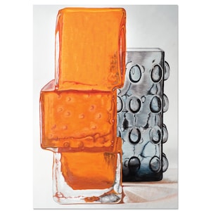 Mid Century Glass Card, The Drunken Bricklayer, Orange Glass Vase, Whitefriars, Hirschberg, Gouache Painting, Still Life Print