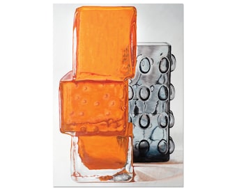 Mid Century Glass Card, The Drunken Bricklayer, Orange Glass Vase, Whitefriars, Hirschberg, Gouache Painting, Still Life Print
