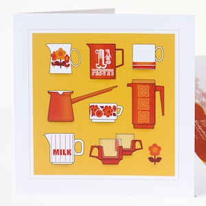 70er Jahre Stil Karte, Karte für Liebhaber der 70er Jahre Gelb & Orange, Karte für Sammler von Vintage Krügen, Retro Geschirr Housewarming Karte