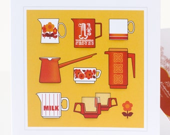 70’s Style Card, Card for lovers of Sunny 70’s Yellow & Orange, Card for collectors of Vintage Jugs, Retro Kitchenware Housewarming Card