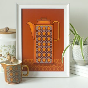 Hornsea Bronte Coffee Pot Print - Orange, A4 Size Print, Mid Century Coffee Pot, Hornsea Pottery Print, Mid Century Wall Art, Unframed
