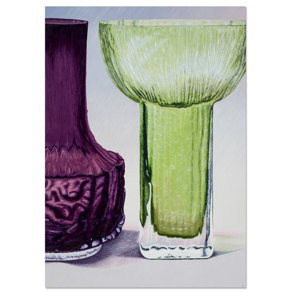 Mid Century Glass Card, Whitefriars and Alsterbro Glasbruk, Purple Glass, Green Glass Vase, Whitefriars Glass, Gouache Painting