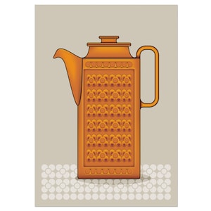 Könnte beinhalten: Illustration einer orangefarbenen Kaffeekanne im Retro-Stil. Die Kanne hat einen langen Ausguss, einen Griff und ein dekoratives Blumenmuster auf der Vorderseite. Der Hintergrund ist hellbeige, mit einer Reihe weißer Blumendesigns am unteren Rand.