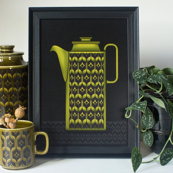 Green Hornsea Heirloom Coffee Pot Print, A4 Size Print, Hornsea Pottery Print, Mid Century Coffee Pot Print, Mid Century Modern, Unframed
