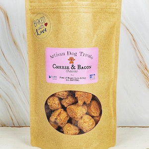 Cheese & Bacon Natural Dog Treat- Organic Dog Treats, Hand Made, Chewy, Free of Wheat Corn Soy, Hand Made Dog Treat
