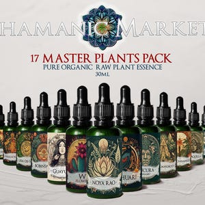 May include: A set of 17 bottles of pure organic raw plant essence, each with a unique label design. The bottles are dark green with black droppers. The text "SHAMANIC MARKET" and "17 MASTER PLANTS PACK" are visible.