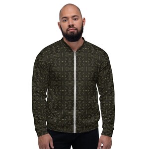 May include: A black bomber jacket with a gold geometric pattern. The jacket has a zip closure and a ribbed collar, cuffs, and waistband.