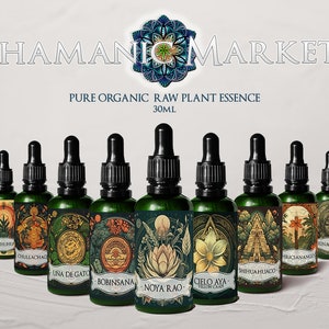 May include: Ten small glass bottles with dropper tops, each containing a different organic plant essence. The bottles are labeled with names like "Chuchuhu", "Chullachao", "Una de Gato", "Bobinsana", "Noya Rao", "Cielo Aya", "Shihuahuaco", "Hiricsanango", and "Renaquilla". The bottles are arranged in a row on a white surface. The bottles are all 30 ml in size. The bottles are all green and have a black dropper top. The labels are all different colors and have different designs. The bottles are all arranged in a row on a white surface. The bottles are all 30 ml in size. The bottles are all green and have a black dropper top. The labels are all different colors and have different designs.