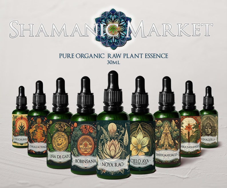 May include: Ten small glass bottles with dropper tops, each containing a different organic plant essence. The bottles are labeled with names like "Chuchuhu", "Chullachao", "Una de Gato", "Bobinsana", "Noya Rao", "Cielo Aya", "Shihuahuaco", "Hiricsanango", and "Renaquilla". The bottles are arranged in a row on a white surface. The bottles are all 30 ml in size. The bottles are all green and have a black dropper top. The labels are all different colors and have different designs. The bottles are all arranged in a row on a white surface. The bottles are all 30 ml in size. The bottles are all green and have a black dropper top. The labels are all different colors and have different designs.