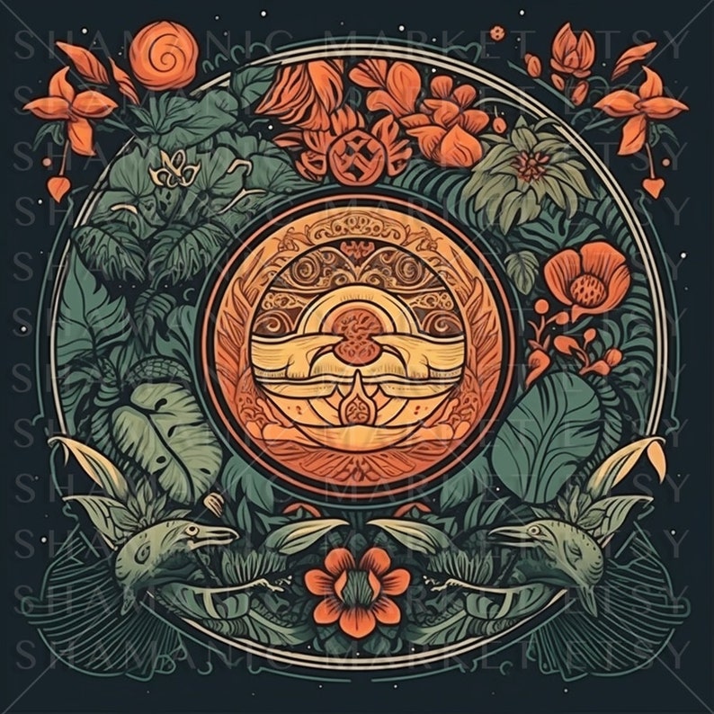 May include: A circular design with a mandala-like pattern in the center, surrounded by stylized flowers and leaves in shades of green, orange, and red. The design is set against a dark blue background.