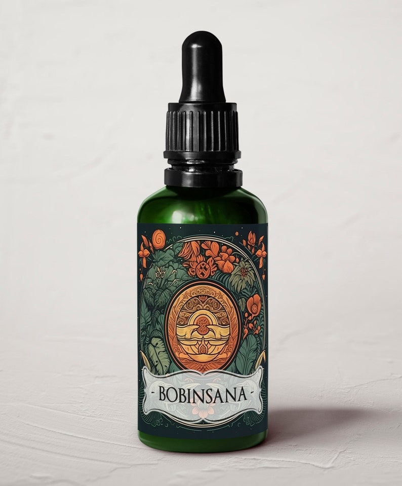 May include: A dark green glass bottle with a black dropper top and a label featuring a colorful illustration of a mandala with floral elements. The label also includes the text "BOBINSANA".