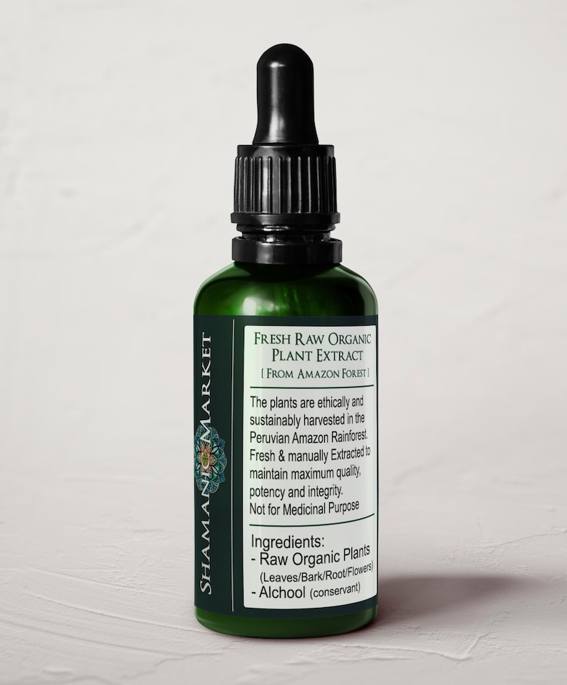 May include: A green glass bottle with a black dropper top. The bottle is labeled "Fresh Raw Organic Plant Extract [From Amazon Forest]". The label also includes information about the ingredients and origin of the product.