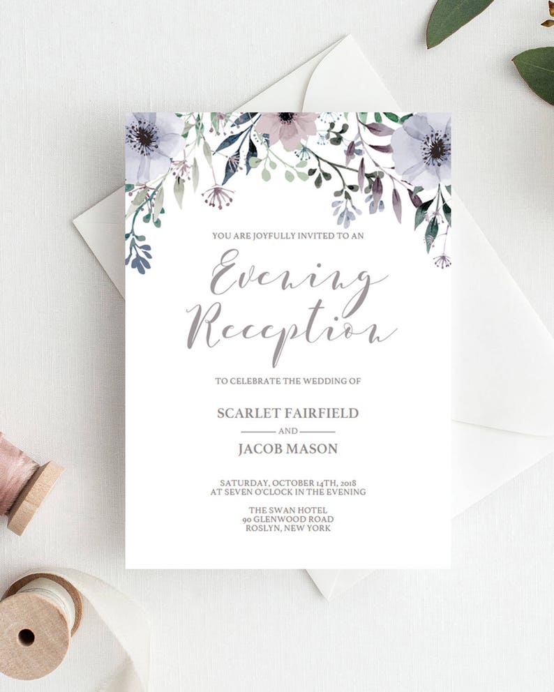 Floral Wedding Evening Invites Template Purple Flower Editable Etsy
