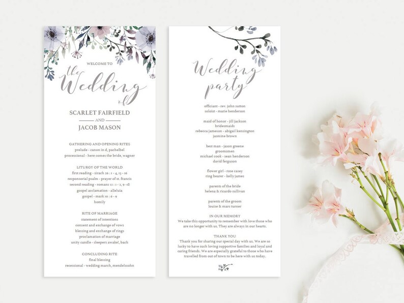 Floral Wedding Ceremony Program Template Purple Wedding Etsy