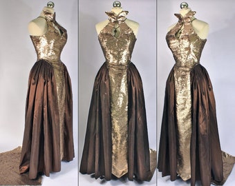 READY TO SHIP Bronze Dragon corset dress, flip up reversible sequins, by Emerald Queen