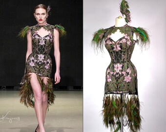 READY TO SHIP Mesh corset dress with floral lace and peacock feathers by Emerald Queen Art