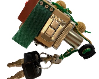 May include: A gold-colored metal lock with a green and brown fabric strap, two black keys with a silver key ring, and a green and brown cord with a black rubber end.