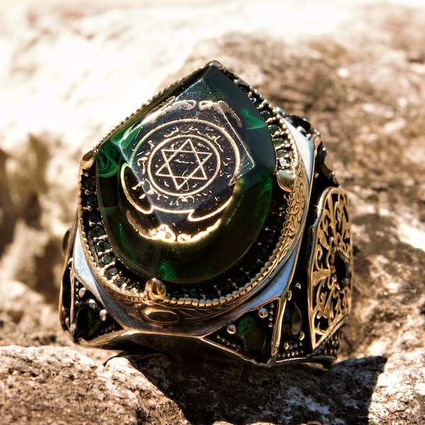 Handmade Seal of Solomon Ring, King Solomon Seal, Green Stone Ring, Ottoman Ring , Religious Gift for Men