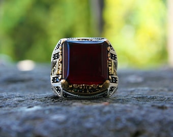 Square Shaped Fashioned Red Amber Gemstone Silver Sterling Ring, Unique Handmade, Authentic, Vintage, Christmas Gifts