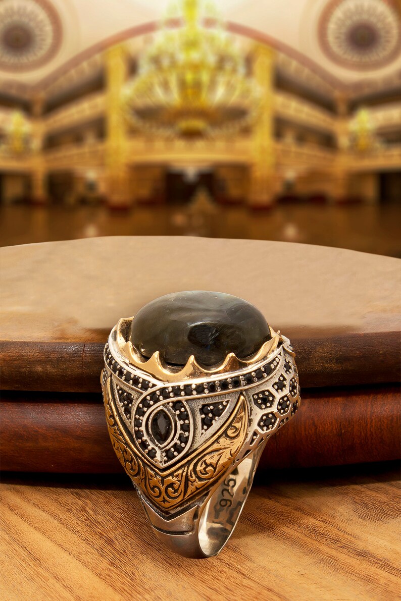 Gift for HimHer Onyx Ottoman Artwork Handmade Engraved Silver Ring With Stones 925 Turkish Sterling Silver
