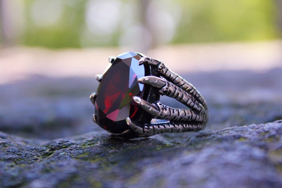 Silver Dragon Claw Ring With Big Solid Crimson Red Ruby Stone