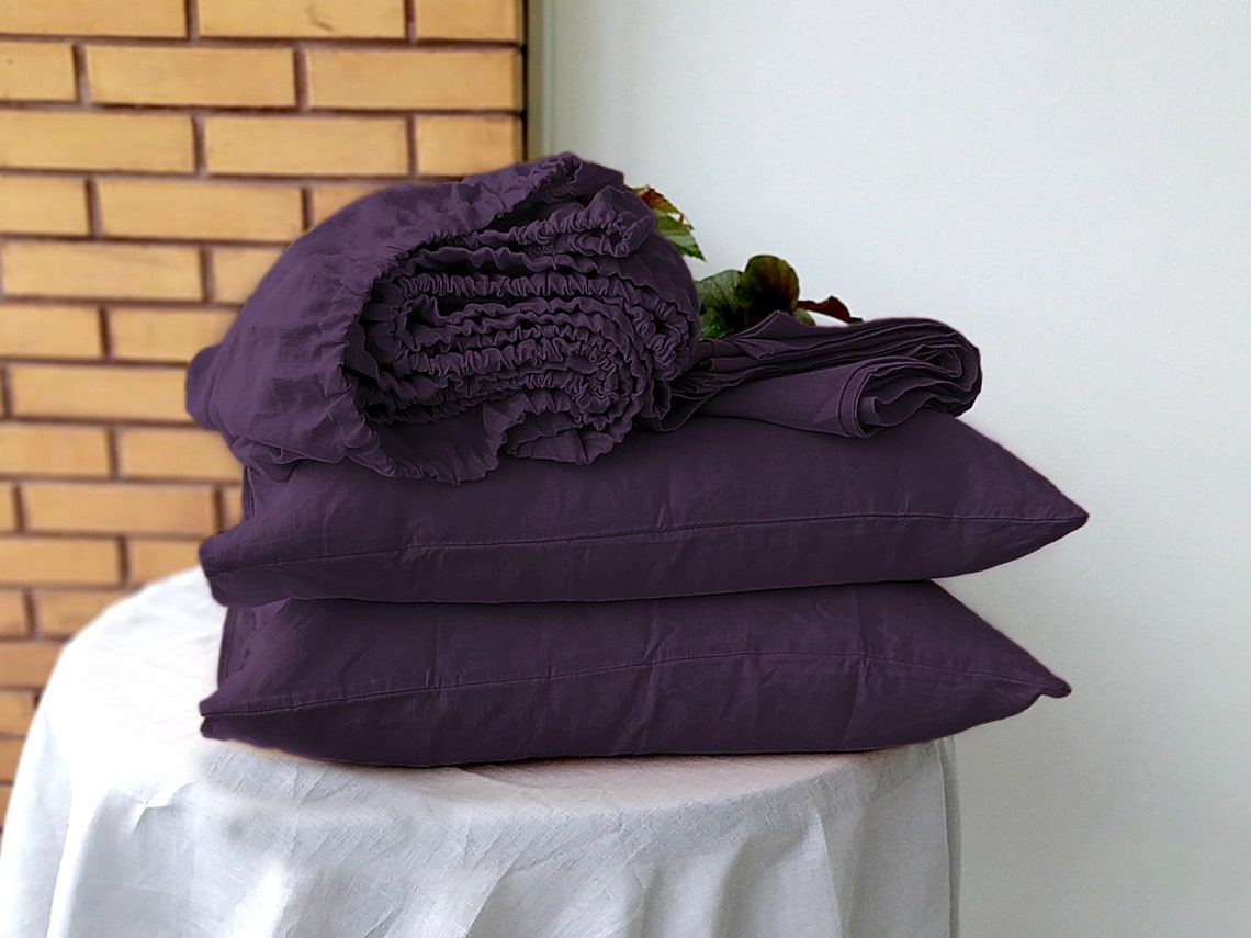 Linen Fitted sheet in Dark Purple. Soft Bed Sheet organic flax | Etsy