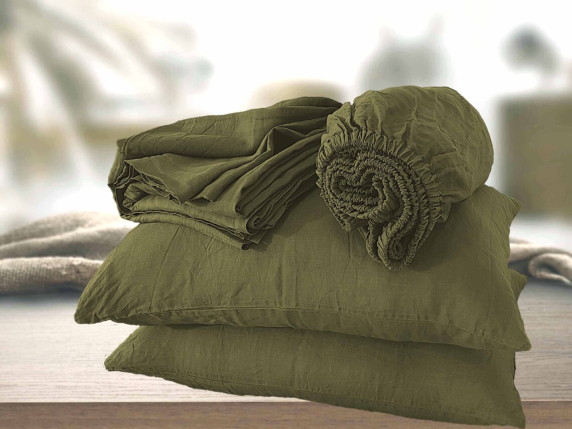 Linen Bedding Sheets set in Olive. 4 items Flat sheet Fitted Etsy