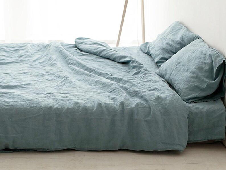 Linen Bedding Set Dusty Blue Duvet Cover 2 Pillowcases Handmade Bed Linens Shabby Chic Custom Size Personalized Gifts