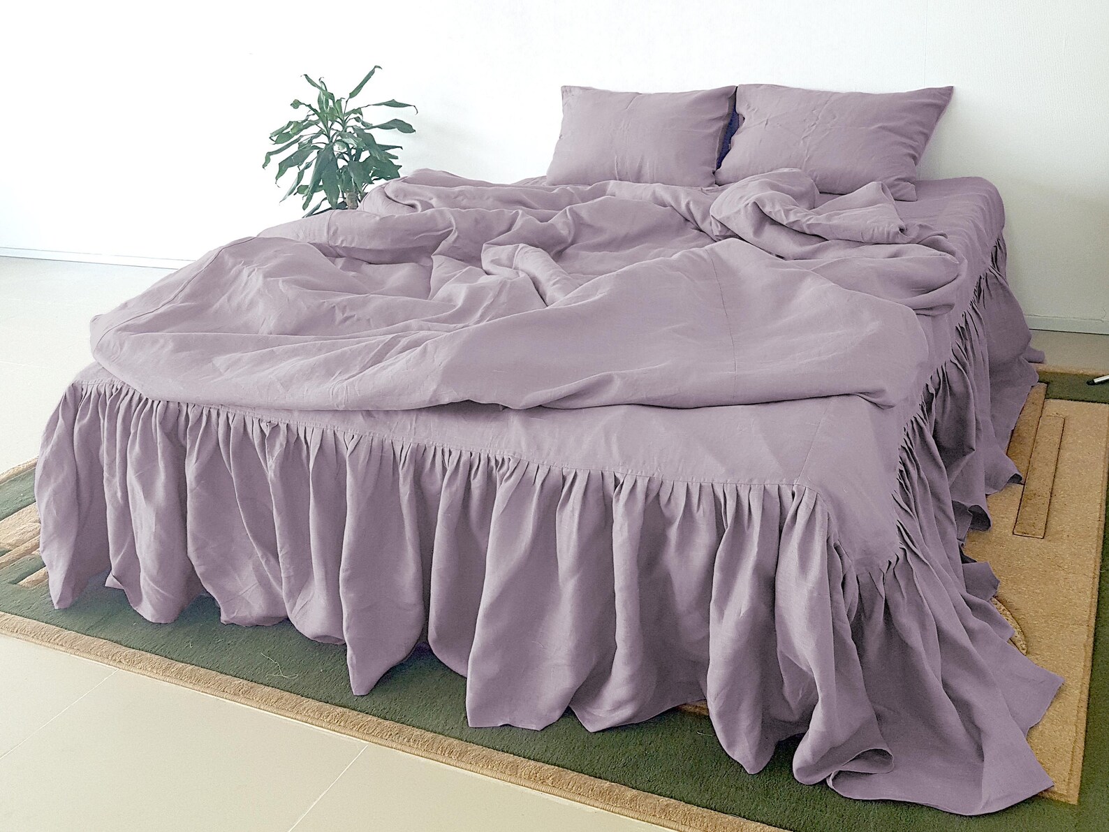 Ruffled Linen bed skirt in Lavender Bohemian style for Etsy
