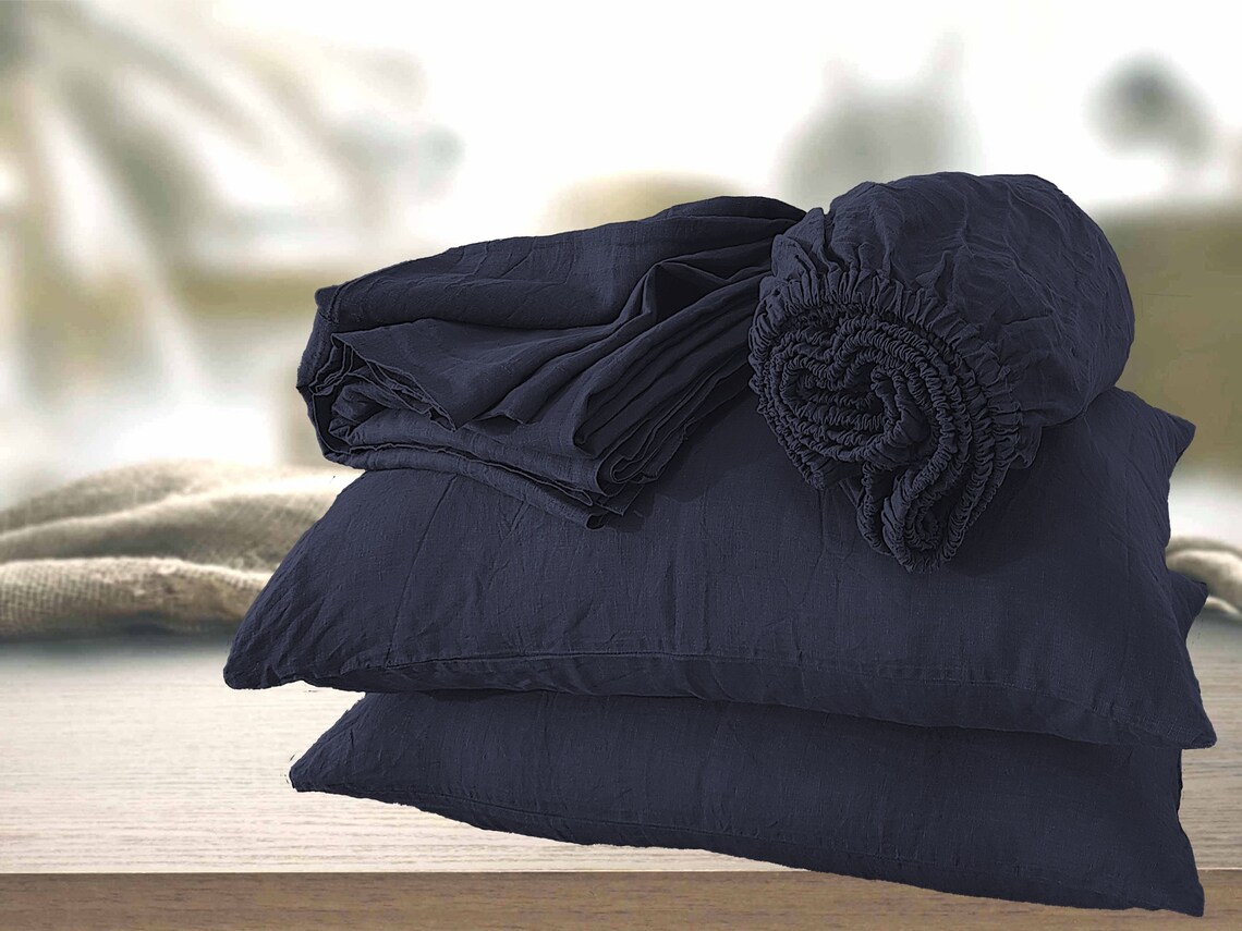 Flat sheet Fitted sheet 2 pillowcases in Navy Blue linen. Etsy