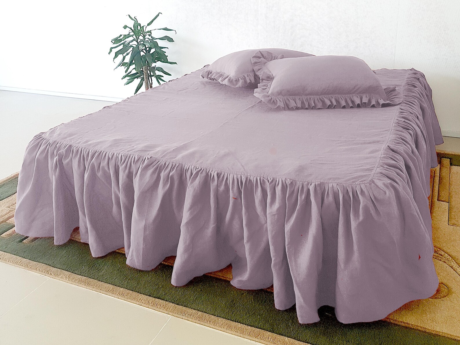 Ruffled Linen bed skirt in Lavender Bohemian style for Etsy