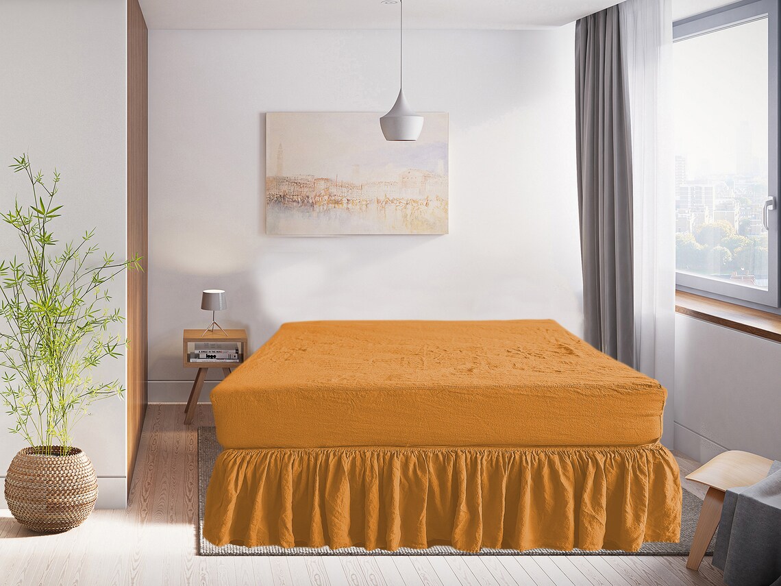 Linen FITTED SHEET in Mustard color. Bohemian Bed Sheet from Etsy