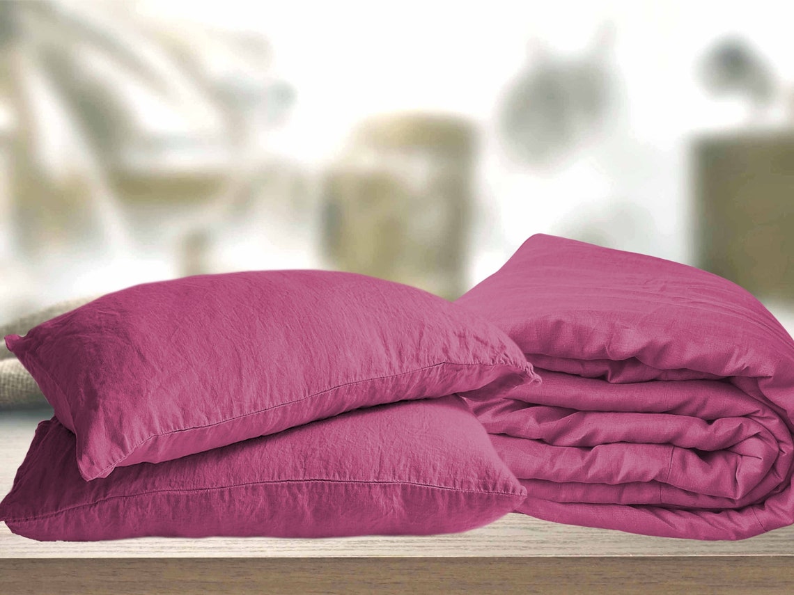 Bright pink Linen bedding set in Bohemian style. Softened flax Etsy