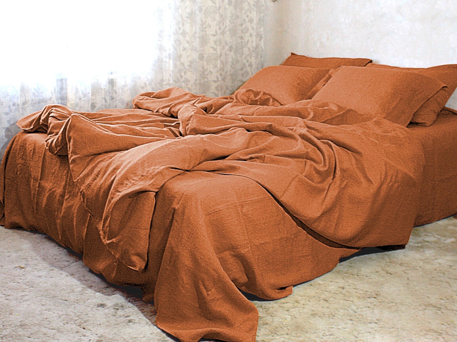 Linen Sheets set in Burnt orange Farmhouse bedding Flat Etsy