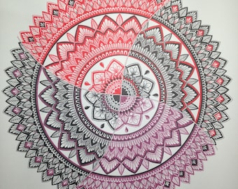 May include: A black, red and pink mandala design with intricate patterns and details. The mandala is drawn in a circular shape and features a variety of geometric shapes and floral motifs.