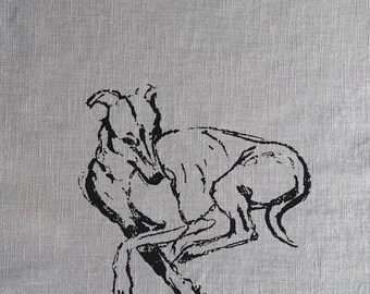 May include: Black and white line drawing of a greyhound dog lying down on a grey linen background.