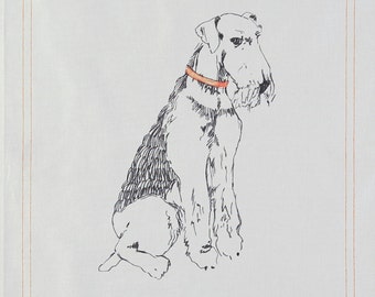 May include: A black and white line drawing of a dog sitting with its head down. The dog is wearing a red collar. The drawing is on a white background.
