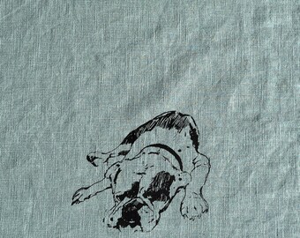 May include: A black and white illustration of a dog lying on its back on a light blue linen background.