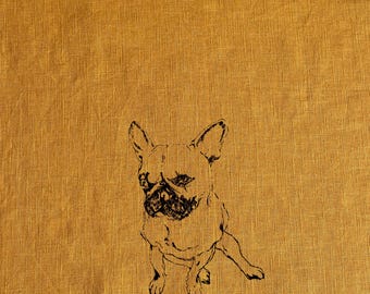 May include: A black and white line drawing of a French bulldog sitting on a yellow linen fabric background.