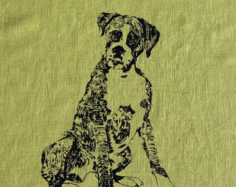 May include: A black and white line drawing of a boxer dog sitting on a green linen background.