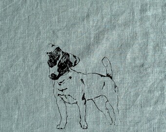 May include: A black and white illustration of a Jack Russell Terrier dog on a light blue linen background.
