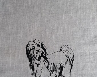 May include: Black and white illustration of a small dog with long hair on a gray linen background.