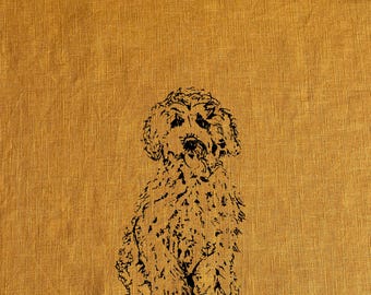 May include: A black and white illustration of a dog sitting on a yellow linen background.