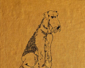 May include: A black and white line drawing of a dog sitting on a yellow linen background. The dog is a wirehaired terrier breed with a long snout and floppy ears.