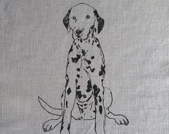 May include: Black and white line drawing of a Dalmatian dog sitting with its tail curled behind its legs. The dog is looking directly at the viewer.