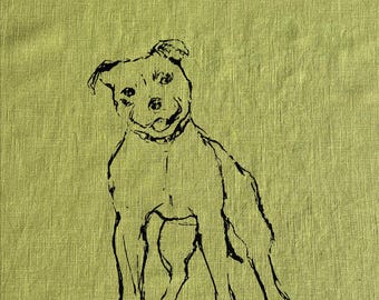 May include: A black and white line drawing of a dog on a green linen background. The dog is a Staffordshire Bull Terrier, and it is standing with its front paws slightly raised.
