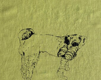 May include: A lime green textile with a black line drawing of a dog. The dog is depicted in a side profile, with detailed fur and a curled tail. The textile has a textured appearance.