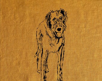 May include: Black and white line drawing of a dog on a yellow linen background.